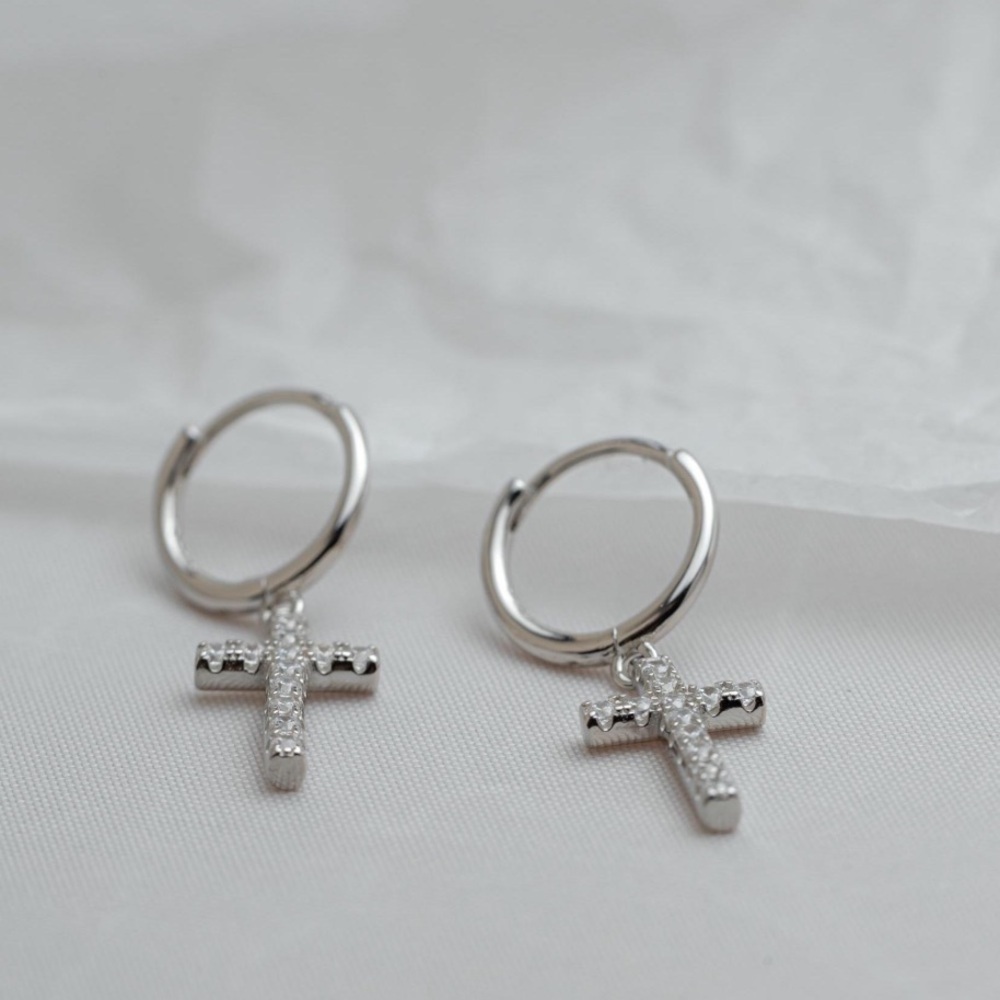 925 Sterling Silver Cross Hoop Earrings - Picture 2 of 4